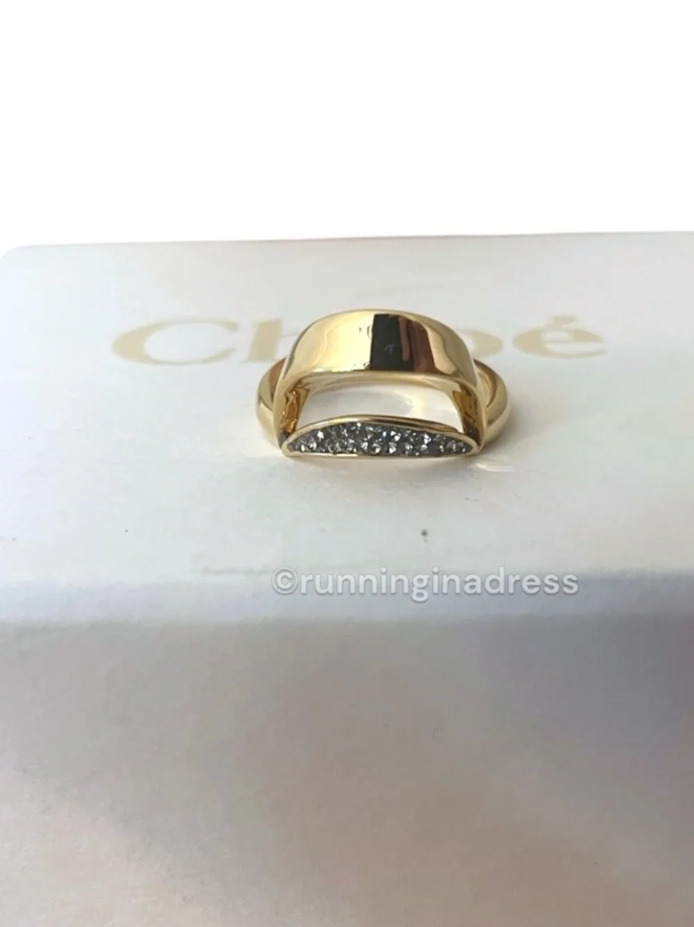 Chloé Crescent Pave Crystal Ring Gold Tone Statement EU 54 US 7 Full Set Box Bag